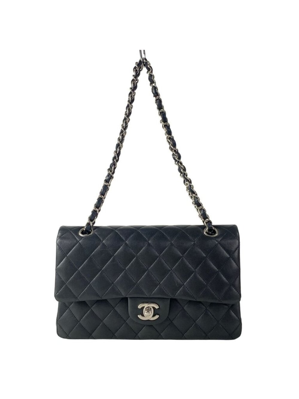 Chanel Shoulder Bag Double Flap Quilted Black Chain Silver Lambskin